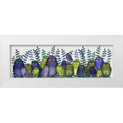 Electric Owls, Purple and Lime White Modern Wood Framed Art Print by Fab Funky