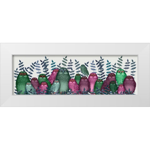 Electric Owls, Pink and Green White Modern Wood Framed Art Print by Fab Funky