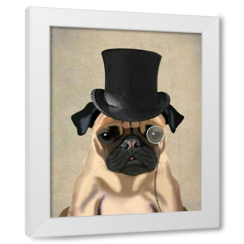 Pug, Formal Hound and Hat White Modern Wood Framed Art Print by Fab Funky