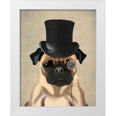 Pug, Formal Hound and Hat White Modern Wood Framed Art Print by Fab Funky