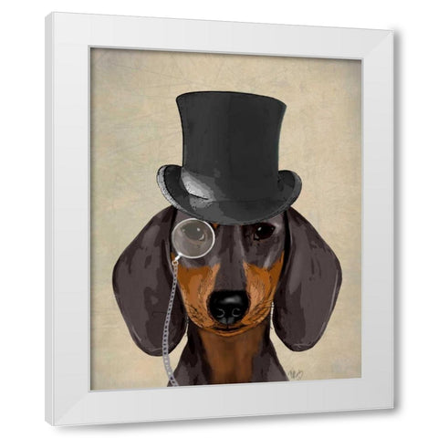 Dachshund, Formal Hound and Hat White Modern Wood Framed Art Print by Fab Funky