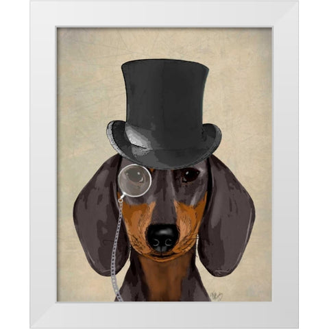 Dachshund, Formal Hound and Hat White Modern Wood Framed Art Print by Fab Funky