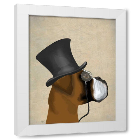 Boxer, Formal Hound and Hat White Modern Wood Framed Art Print by Fab Funky