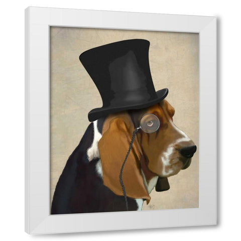 Basset Hound, Formal Hound and Hat White Modern Wood Framed Art Print by Fab Funky