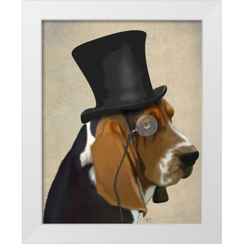 Basset Hound, Formal Hound and Hat White Modern Wood Framed Art Print by Fab Funky