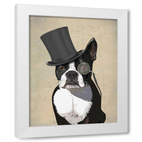 Boston Terrier, Formal Hound and Hat White Modern Wood Framed Art Print by Fab Funky