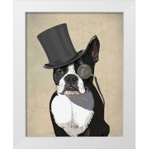 Boston Terrier, Formal Hound and Hat White Modern Wood Framed Art Print by Fab Funky