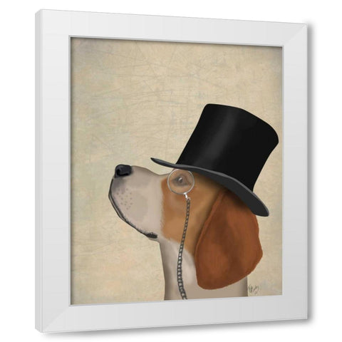Beagle, Formal Hound and Hat White Modern Wood Framed Art Print by Fab Funky