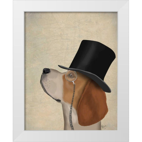 Beagle, Formal Hound and Hat White Modern Wood Framed Art Print by Fab Funky