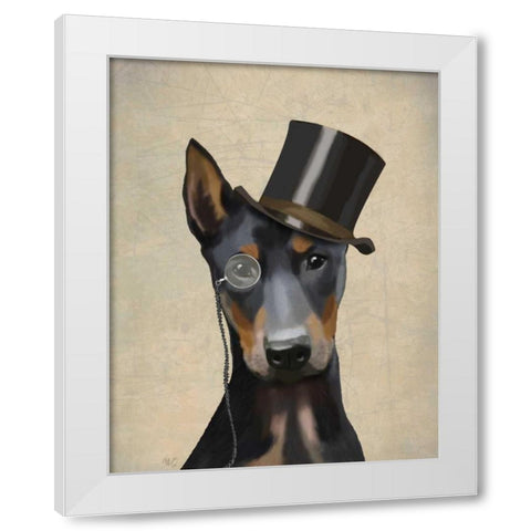 Doberman, Formal Hound and Hat White Modern Wood Framed Art Print by Fab Funky