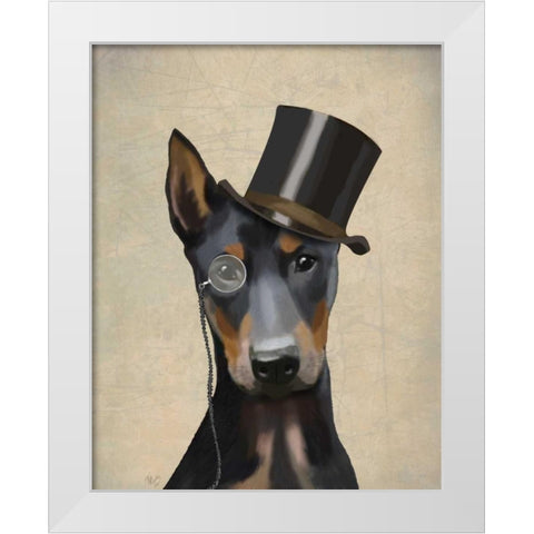 Doberman, Formal Hound and Hat White Modern Wood Framed Art Print by Fab Funky