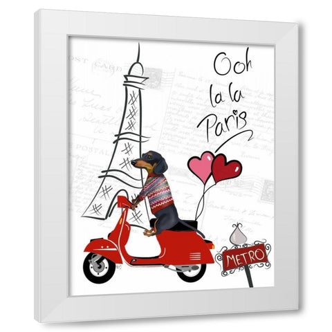 Dachshund In Paris White Modern Wood Framed Art Print by Fab Funky