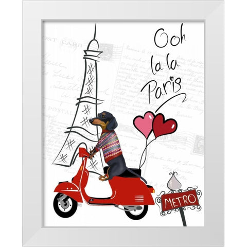 Dachshund In Paris White Modern Wood Framed Art Print by Fab Funky