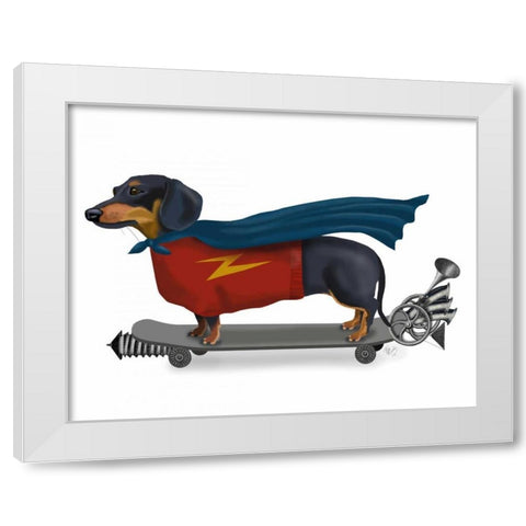 Dachshund On Skateboard White Modern Wood Framed Art Print by Fab Funky