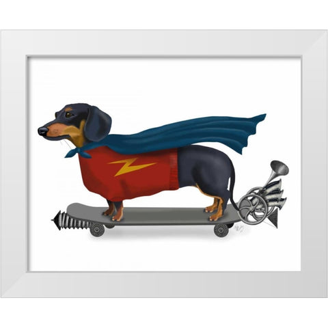 Dachshund On Skateboard White Modern Wood Framed Art Print by Fab Funky
