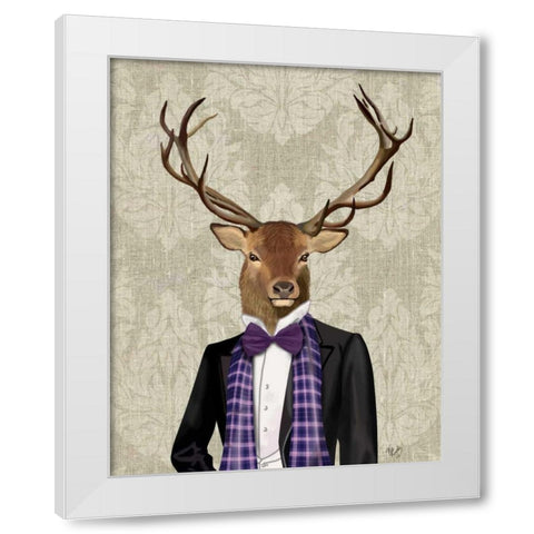 Deer in Evening Suit, Portrait White Modern Wood Framed Art Print by Fab Funky