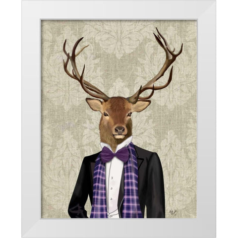 Deer in Evening Suit, Portrait White Modern Wood Framed Art Print by Fab Funky