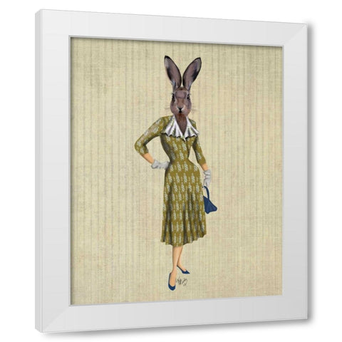 Rabbit In Mustard Dress White Modern Wood Framed Art Print by Fab Funky