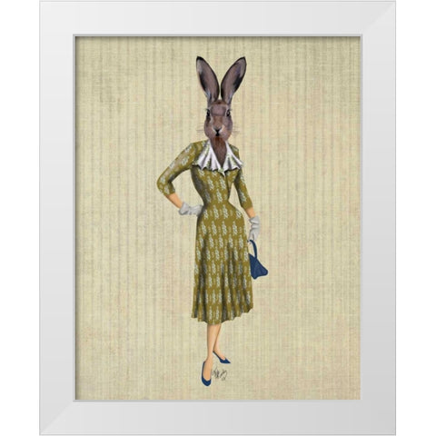 Rabbit In Mustard Dress White Modern Wood Framed Art Print by Fab Funky