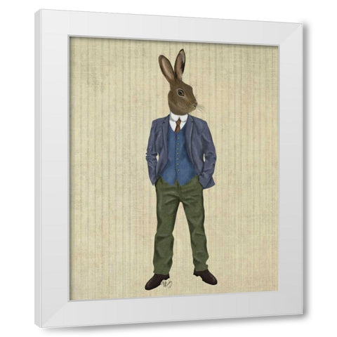 Rabbit in Blue Waistcoat White Modern Wood Framed Art Print by Fab Funky