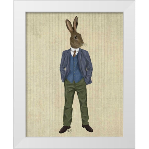 Rabbit in Blue Waistcoat White Modern Wood Framed Art Print by Fab Funky
