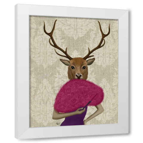 Deer with Fan, Portrait White Modern Wood Framed Art Print by Fab Funky