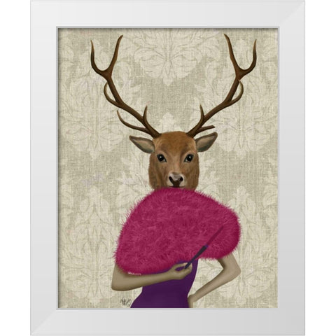 Deer with Fan, Portrait White Modern Wood Framed Art Print by Fab Funky