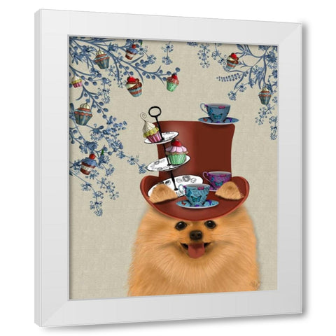 Pomeranian Milliners Dog White Modern Wood Framed Art Print by Fab Funky