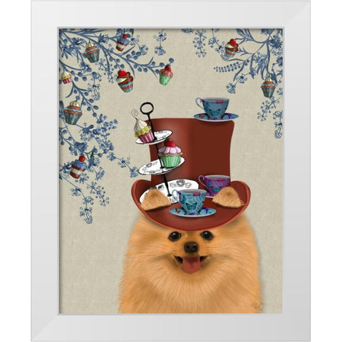 Pomeranian Milliners Dog White Modern Wood Framed Art Print by Fab Funky