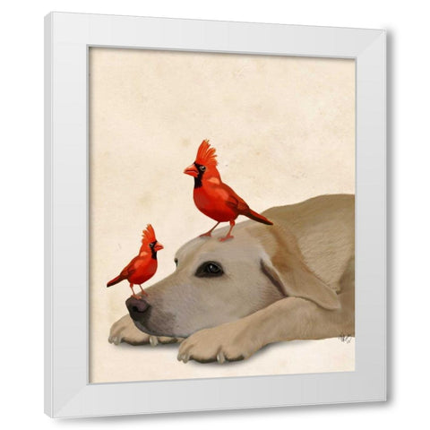 Labrador with Red Birds White Modern Wood Framed Art Print by Fab Funky