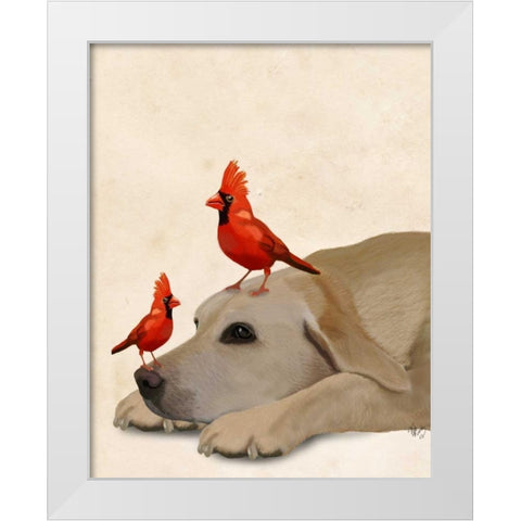 Labrador with Red Birds White Modern Wood Framed Art Print by Fab Funky