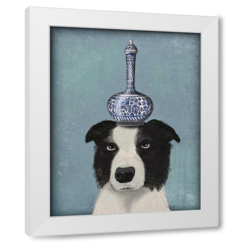 Border Collie with Blue Vase White Modern Wood Framed Art Print by Fab Funky