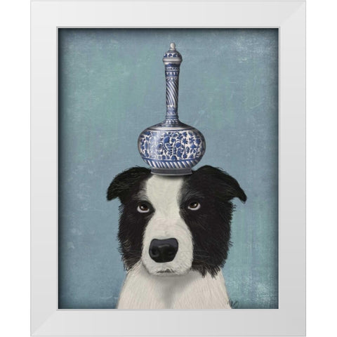 Border Collie with Blue Vase White Modern Wood Framed Art Print by Fab Funky