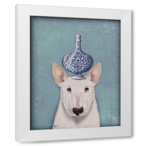 English Bull Terrier with Blue Vase White Modern Wood Framed Art Print by Fab Funky