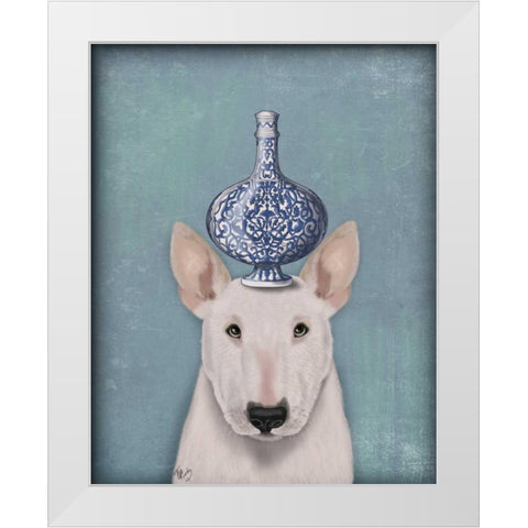 English Bull Terrier with Blue Vase White Modern Wood Framed Art Print by Fab Funky