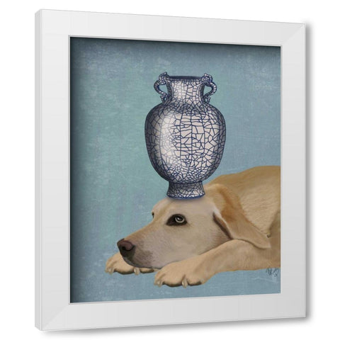 Labrador with Blue Vase White Modern Wood Framed Art Print by Fab Funky