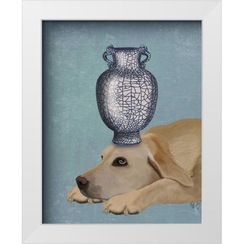 Labrador with Blue Vase White Modern Wood Framed Art Print by Fab Funky