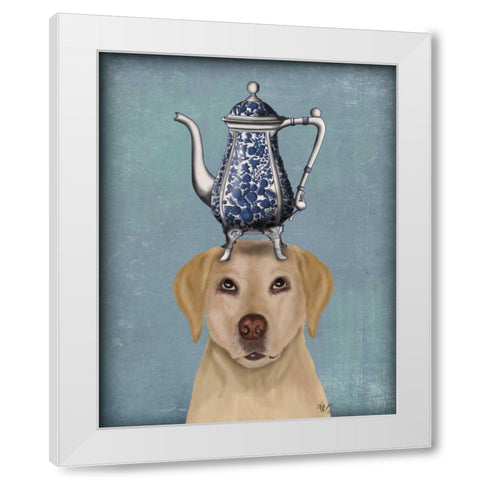 Labrador with Teapot White Modern Wood Framed Art Print by Fab Funky
