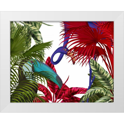 Toucan And Flamingo White Modern Wood Framed Art Print by Fab Funky
