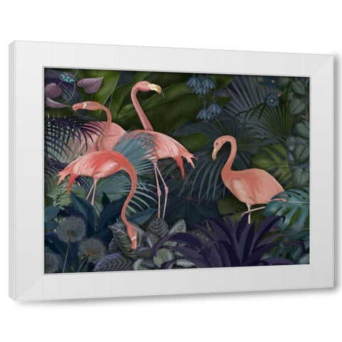 Flamingos in Blue Garden White Modern Wood Framed Art Print by Fab Funky