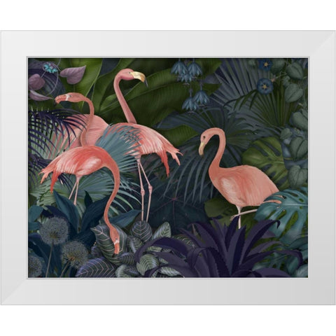 Flamingos in Blue Garden White Modern Wood Framed Art Print by Fab Funky