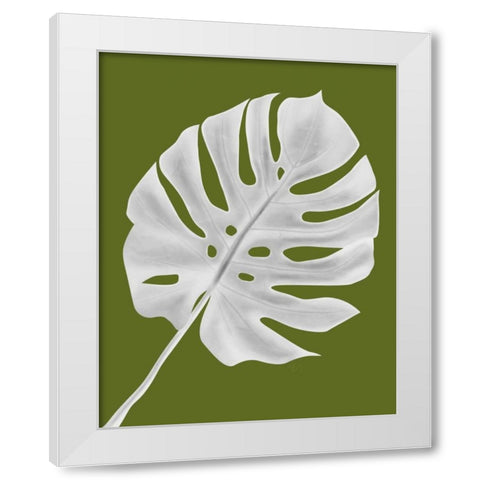 Monstera Leaf 1, White On Green White Modern Wood Framed Art Print by Fab Funky