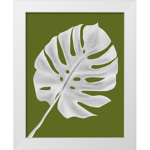 Monstera Leaf 1, White On Green White Modern Wood Framed Art Print by Fab Funky