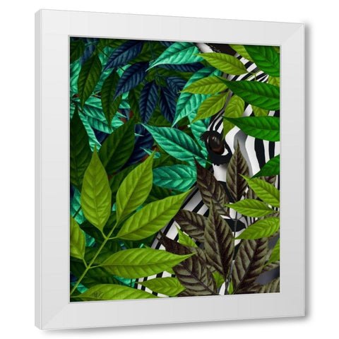 Zebra in Green Leaves White Modern Wood Framed Art Print by Fab Funky