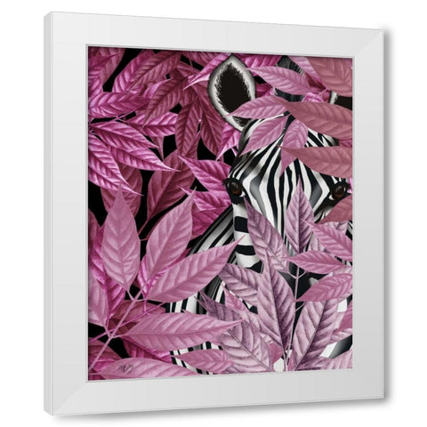 Zebra in Pink Leaves White Modern Wood Framed Art Print by Fab Funky