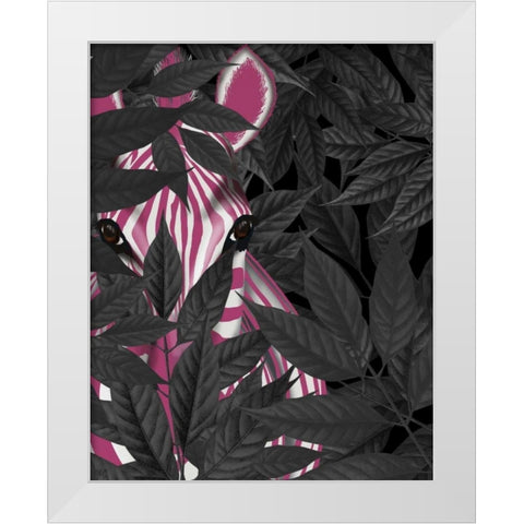Zebra, Pink in Black Leaves White Modern Wood Framed Art Print by Fab Funky