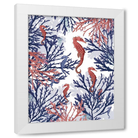 Coral and Seahorse, Pink and Blue White Modern Wood Framed Art Print by Fab Funky