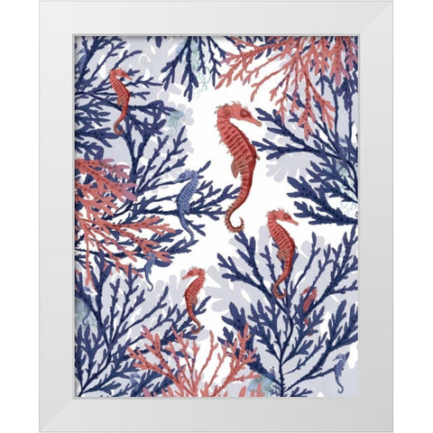 Coral and Seahorse, Pink and Blue White Modern Wood Framed Art Print by Fab Funky