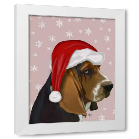 Basset Hound, Christmas Hat White Modern Wood Framed Art Print by Fab Funky