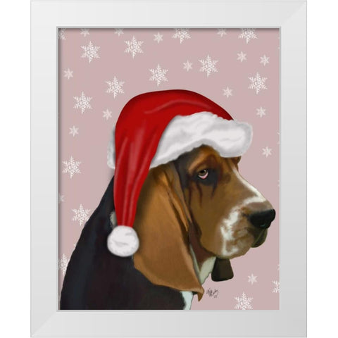 Basset Hound, Christmas Hat White Modern Wood Framed Art Print by Fab Funky